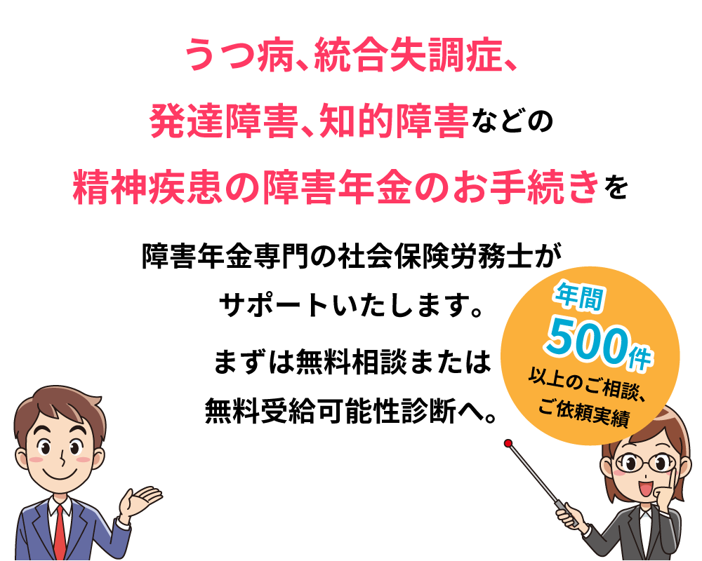 うつ病、統合失調症、発達障害、知的障害などの精神疾患の障害年金のお手続きを障害年金専門の社会保険労務士がサポートいたします。まずは無料相談または無料受給可能性診断へ。